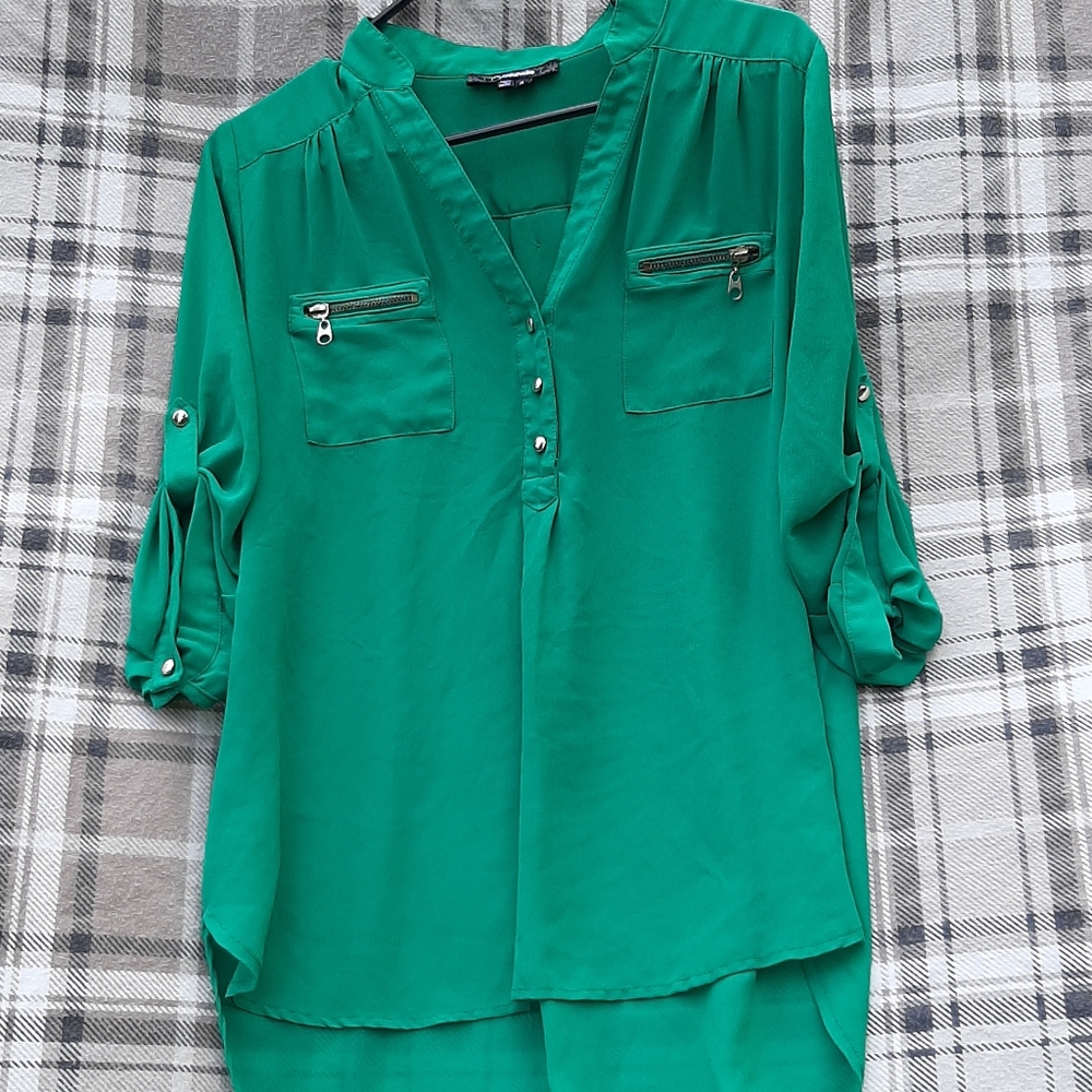 Jewel Tone Emerald Green St. Patrick's Tabbed 3/4 Sleeve Blouse with Pockets
